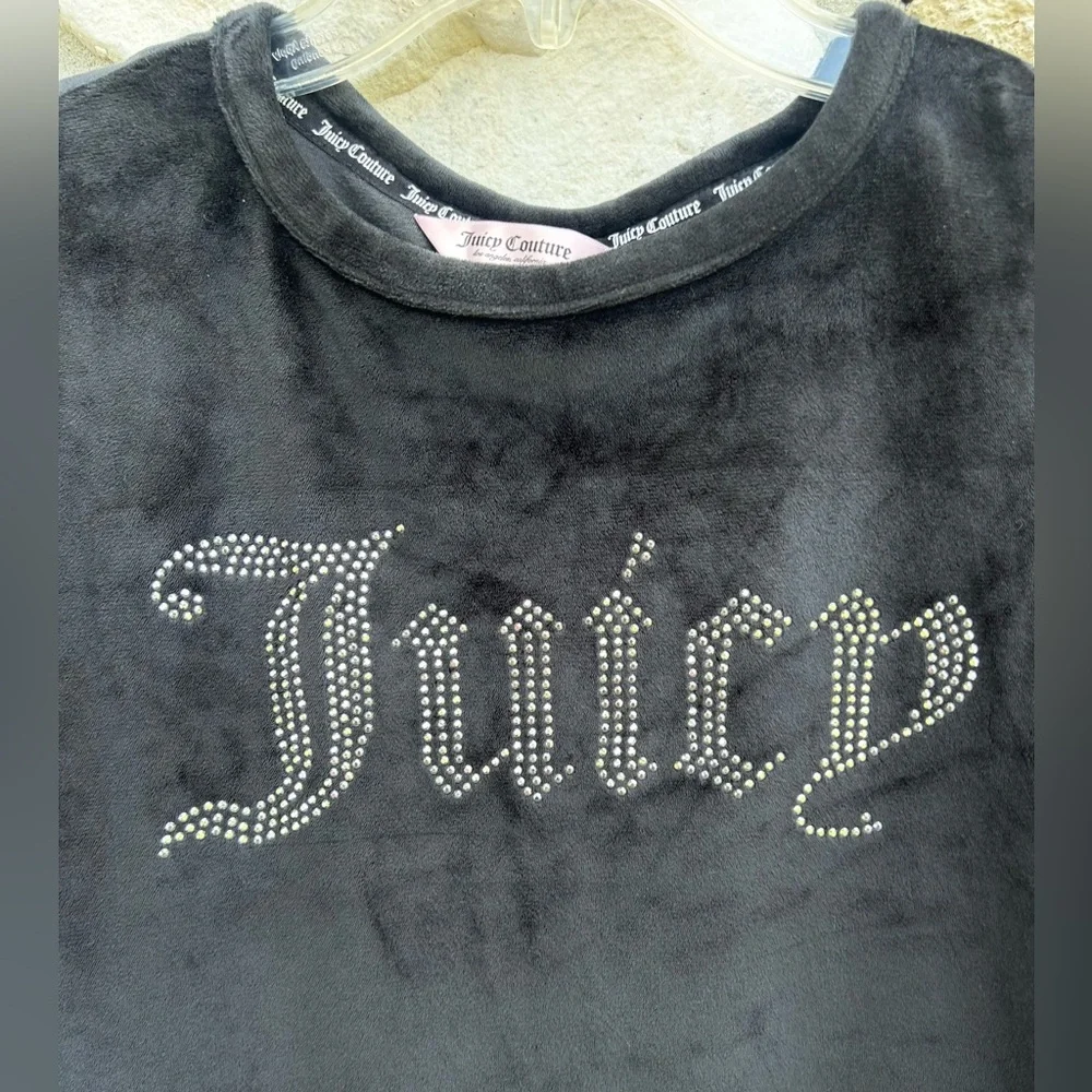 Juicy Couture Velour Crop Top Size L Black Big Rhinestone Bling Logo Y2K Style